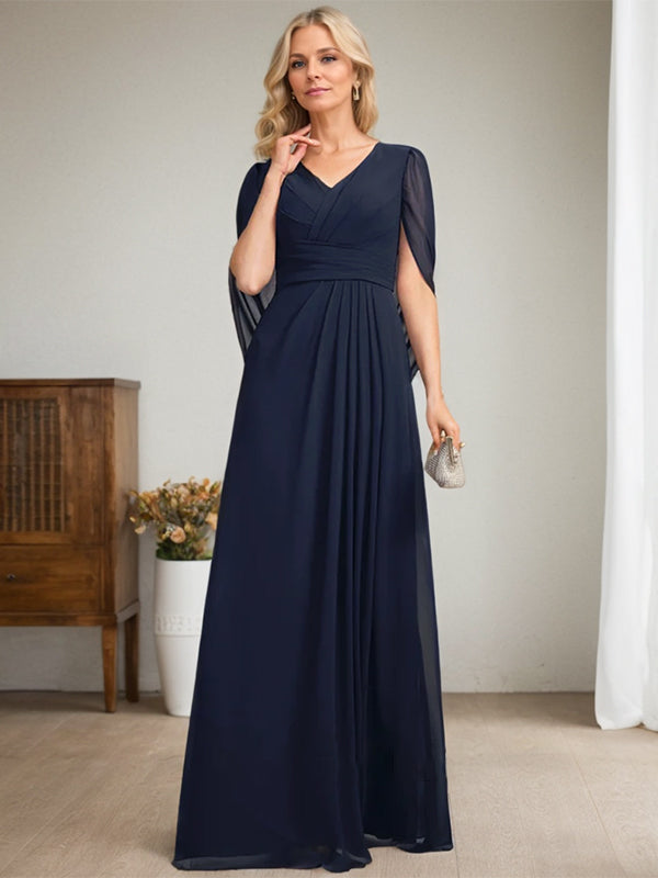 Vestido largo azul marino oscuro con escote en V y corte A para madre de la novia