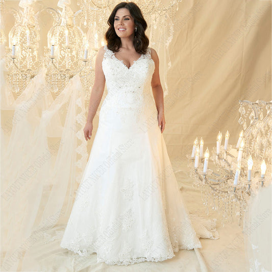 Plus Size Wedding Dresses V-Neck Sleeveless Appliques Beads vestido noiva boho Lace Up Back Sweep Train Custom Made-payinti