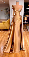 Damen Satin Meerjungfrau Abendkleid Gold Kristall One-Shoulder Ballkleid Nach Maß Y63
