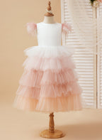 Vestido de princesa de tul rosa, largo hasta la rodilla, con mangas de plumas para niñas de las flores (010224240)