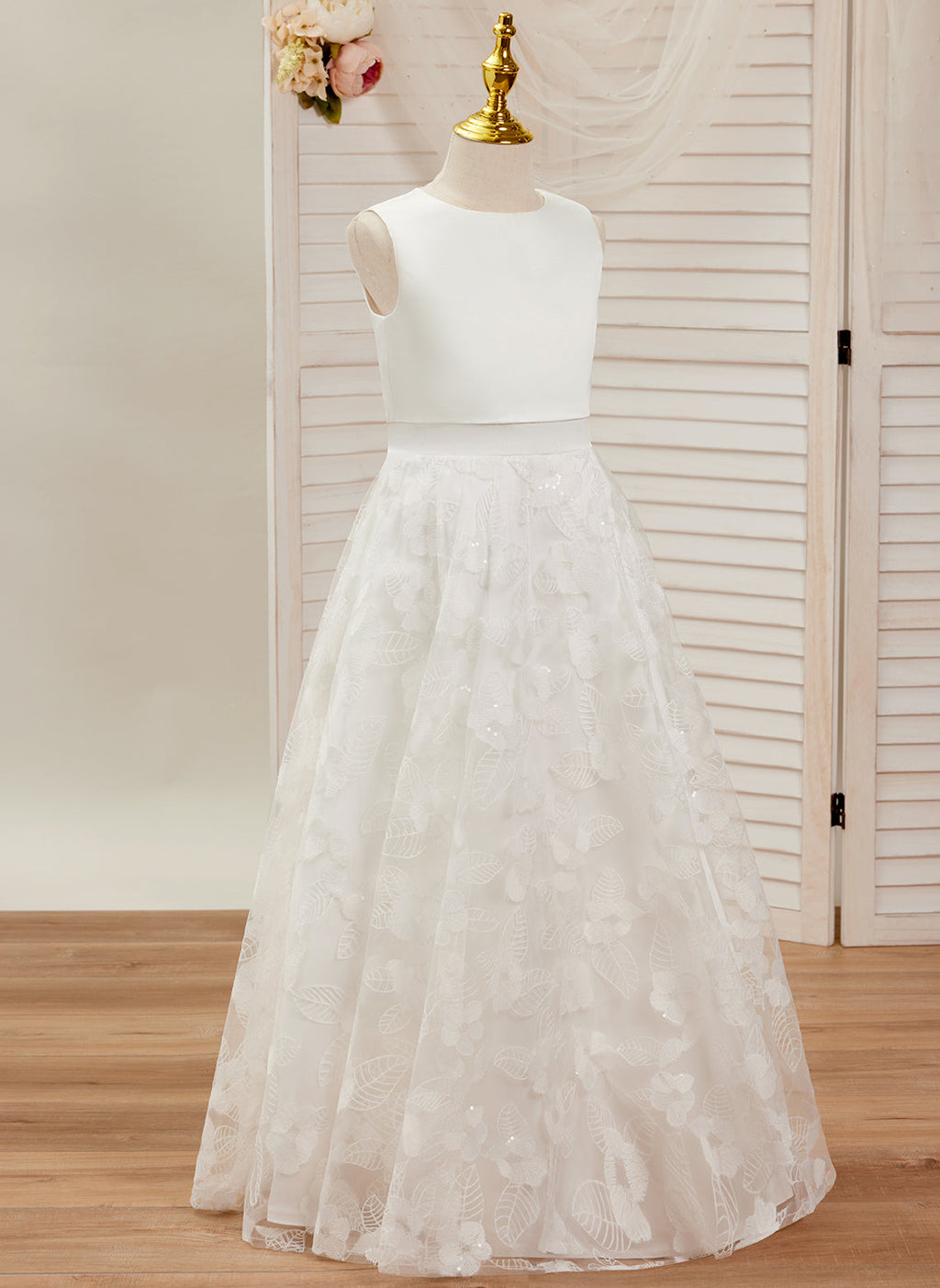 A-Linie Spitze Satin Bodenlang Elfenbein Kleid (010146741) 