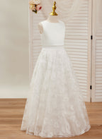 A-Linie Spitze Satin Bodenlang Elfenbein Kleid (010146741) 