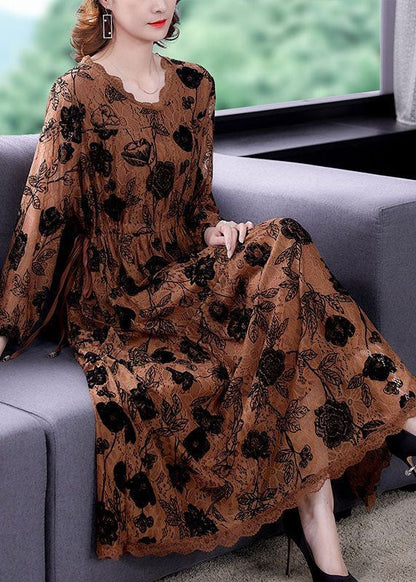 Elegant Coffee Cinched Print Lace Long Dresses Spring