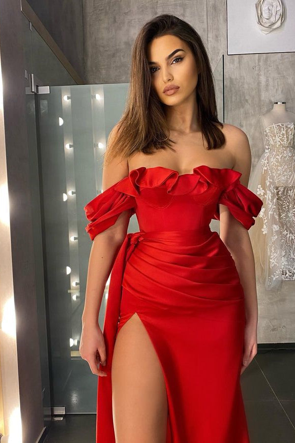 Vestido de fiesta clásico rojo de corte sirena, largo, con volantes y hombros descubiertos y abertura