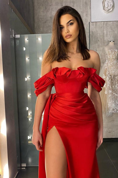 Vestido de fiesta clásico rojo de corte sirena, largo, con volantes y hombros descubiertos y abertura