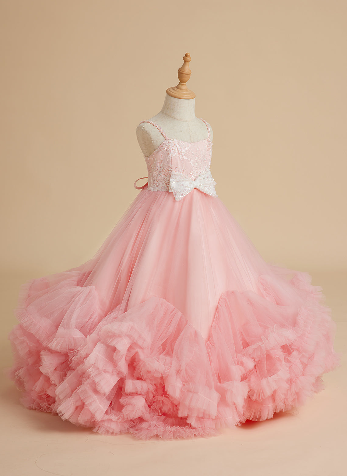 Vestido de niña de las flores rosa largo hasta el suelo de tul con corte en A