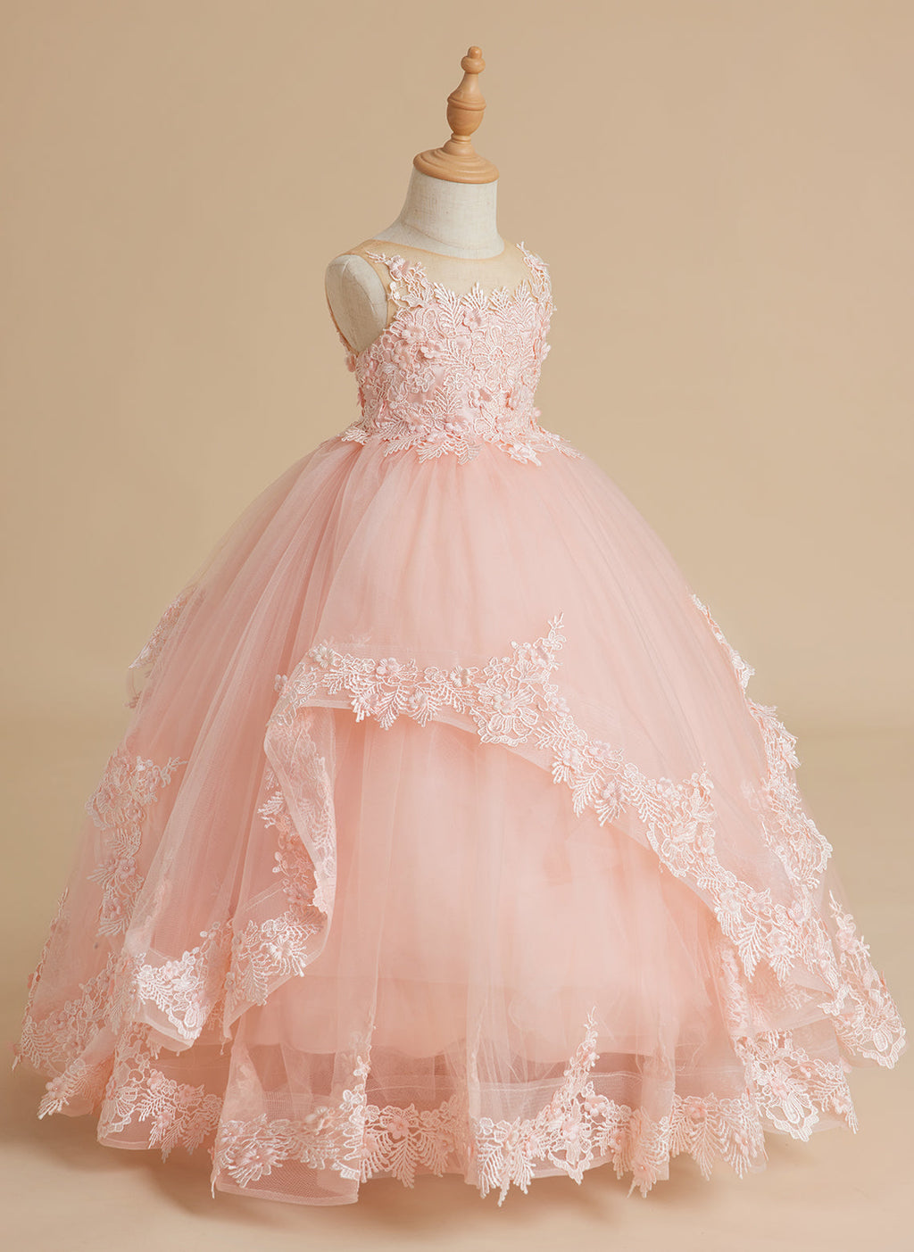 Ärmelloses Prinzessinnen-Tüllkleid mit Spitzenapplikationen und Schleppe für Mädchen
