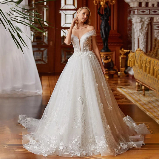 V-neck Sexy Romantic Wedding Dress 2023 A-line Floor-length Charming Off The Shoulder Beaded Appliques Bridal-payinti