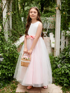 Vestido de niña de las flores de tul satinado con flores 3D hasta los tobillos
