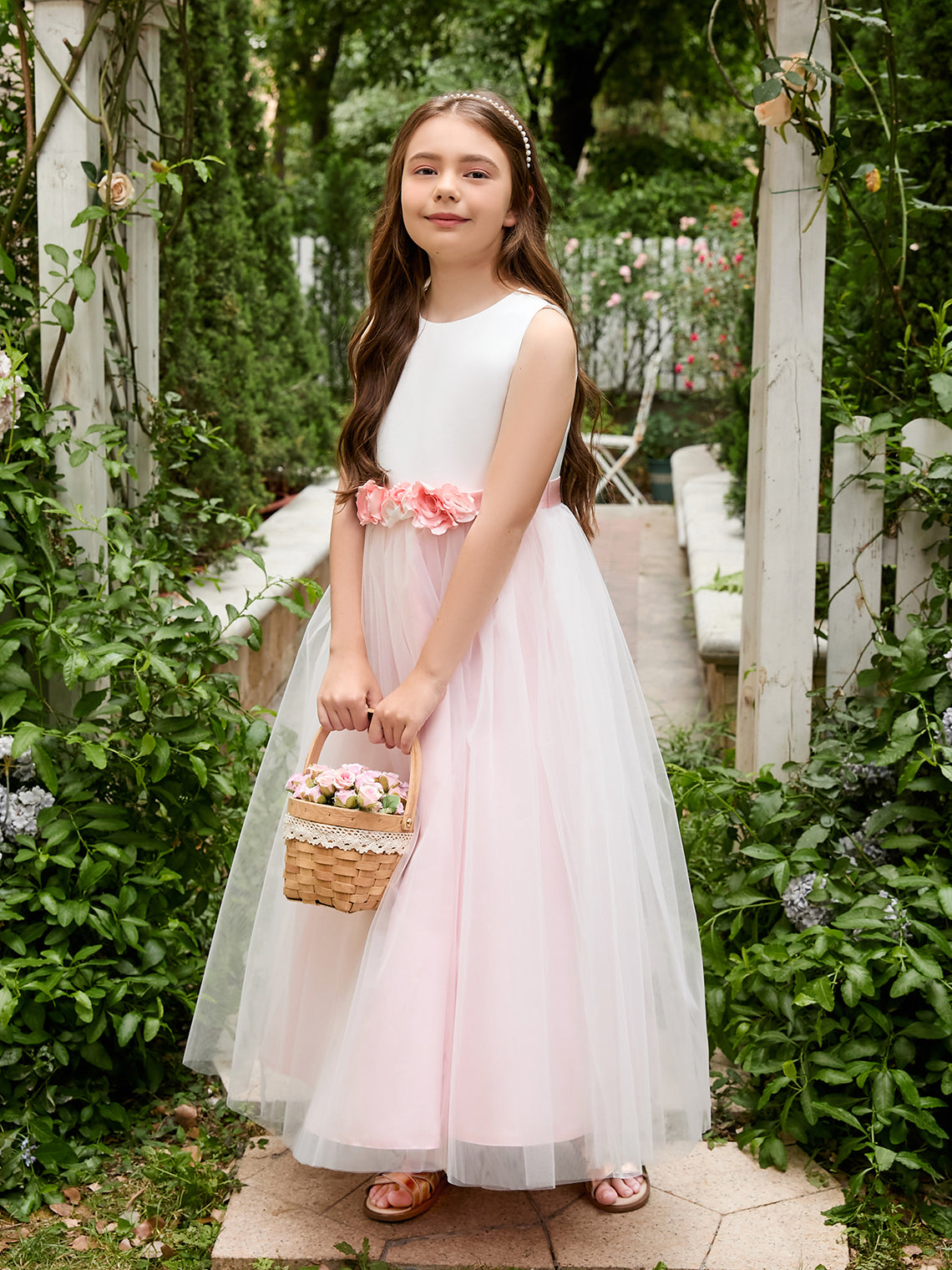 Vestido de niña de las flores de tul satinado con flores 3D hasta los tobillos