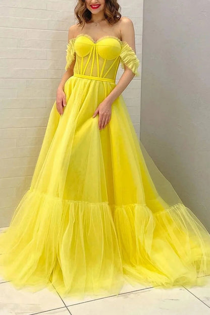 A Line Off the Shoulder Yellow Corset Prom Dress