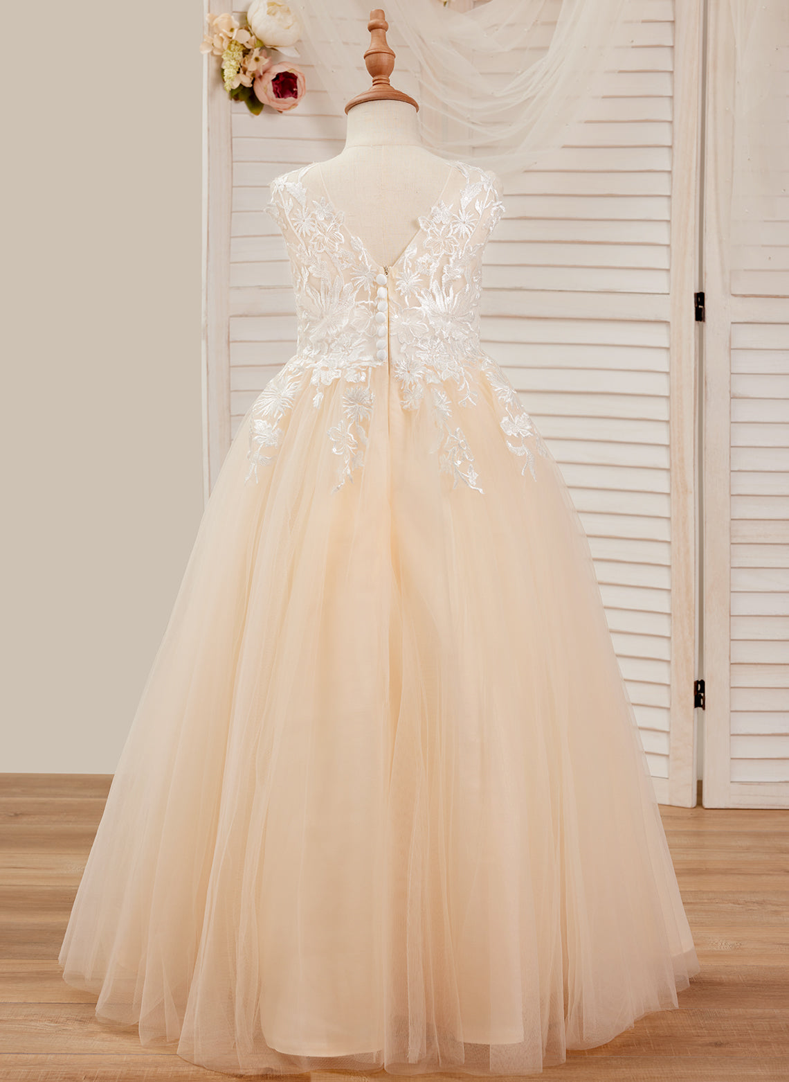 A-Linie Spitze Tüll Bodenlang Rosa Kleid (010226589) 