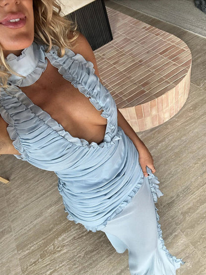 TARUXY Deep V Neck Slim Maxi Dresses For Women Mesh Splice See Through Folds Long Dress Femme Side Slit Sexy Evening Dress Woman