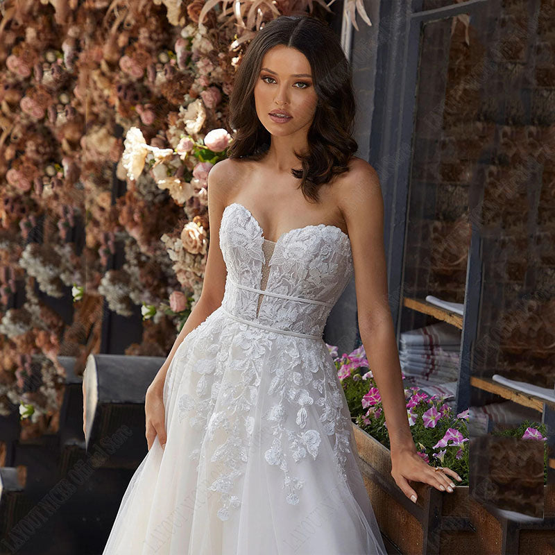 Wedding Dress A Line Removable Long Sleeve Bride Elegant Open Back Lace Bridal Gown Applique Tulle Vestido De Noiva-payinti