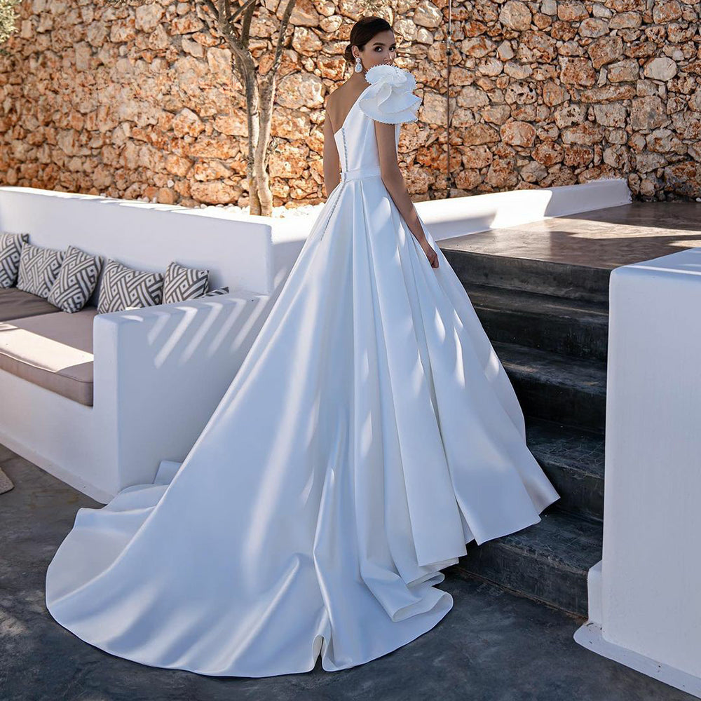 Elegant A-Line One Shoulder Stain Wedding Dress Beading Sleeveless Bridal Gowns For Women Custom Made Vestido De Novia-payinti