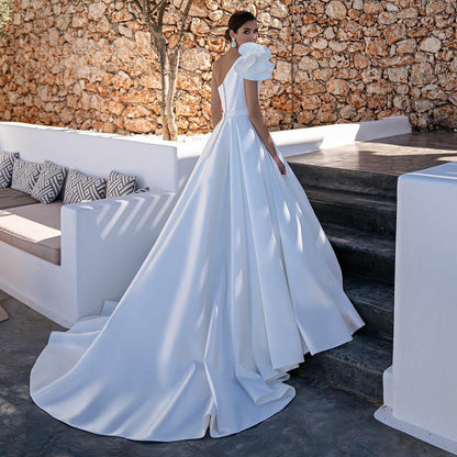 Elegant A-Line One Shoulder Stain Wedding Dress Beading Sleeveless Bridal Gowns For Women Custom Made Vestido De Novia-payinti