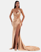 Sexy V-Neck High Slit Pleated Strapless Royal Blue Prom Dress