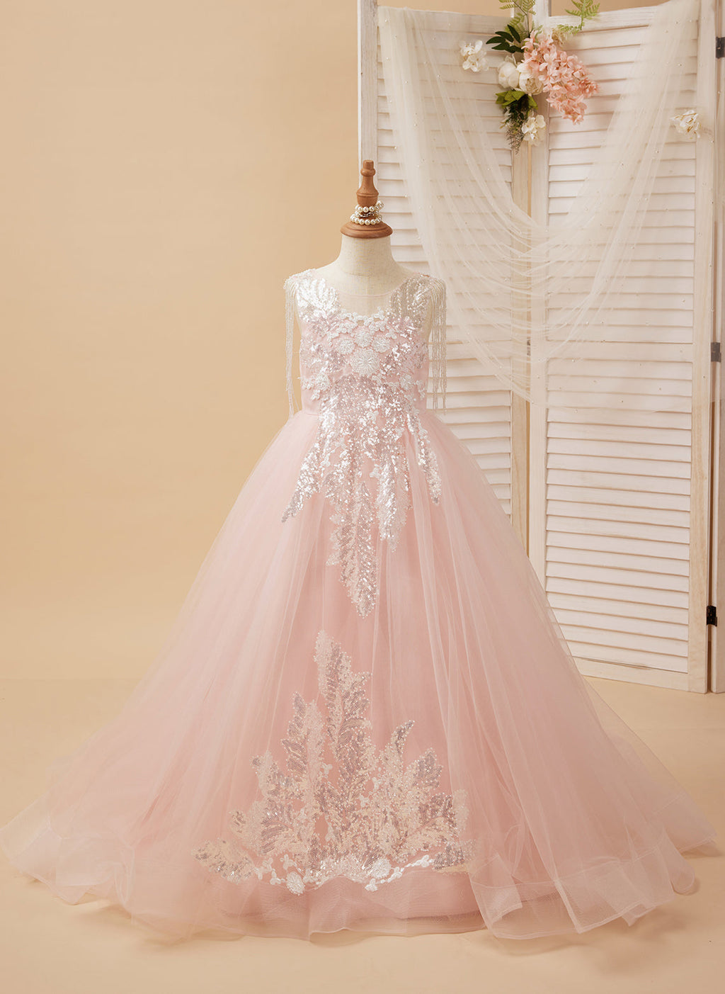 Duchesse-Linie/Princess-Linie Satin Tüll Bodenlang Rosa Blumenmädchenkleid 