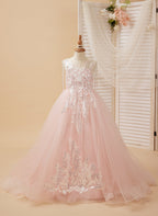 Duchesse-Linie/Princess-Linie Satin Tüll Bodenlang Rosa Blumenmädchenkleid 