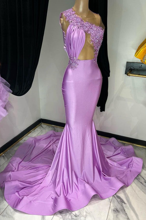 Vestido de fiesta de sirena con un solo hombro en color morado real y diseño sin mangas