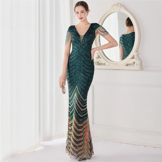 Elegant V Neck Mermaid Evening Dress Long Luxury Beads Women Evening Party Dresses New Formal Dress 19085-payinti
