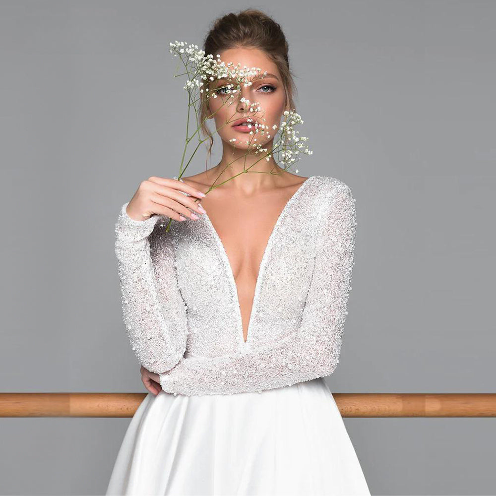 Luxury Long Sleeve Satin Wedding Dress Deep V-Neck Side Split Bridal Party Gown vestido de novia Sweep Train 2023-payinti