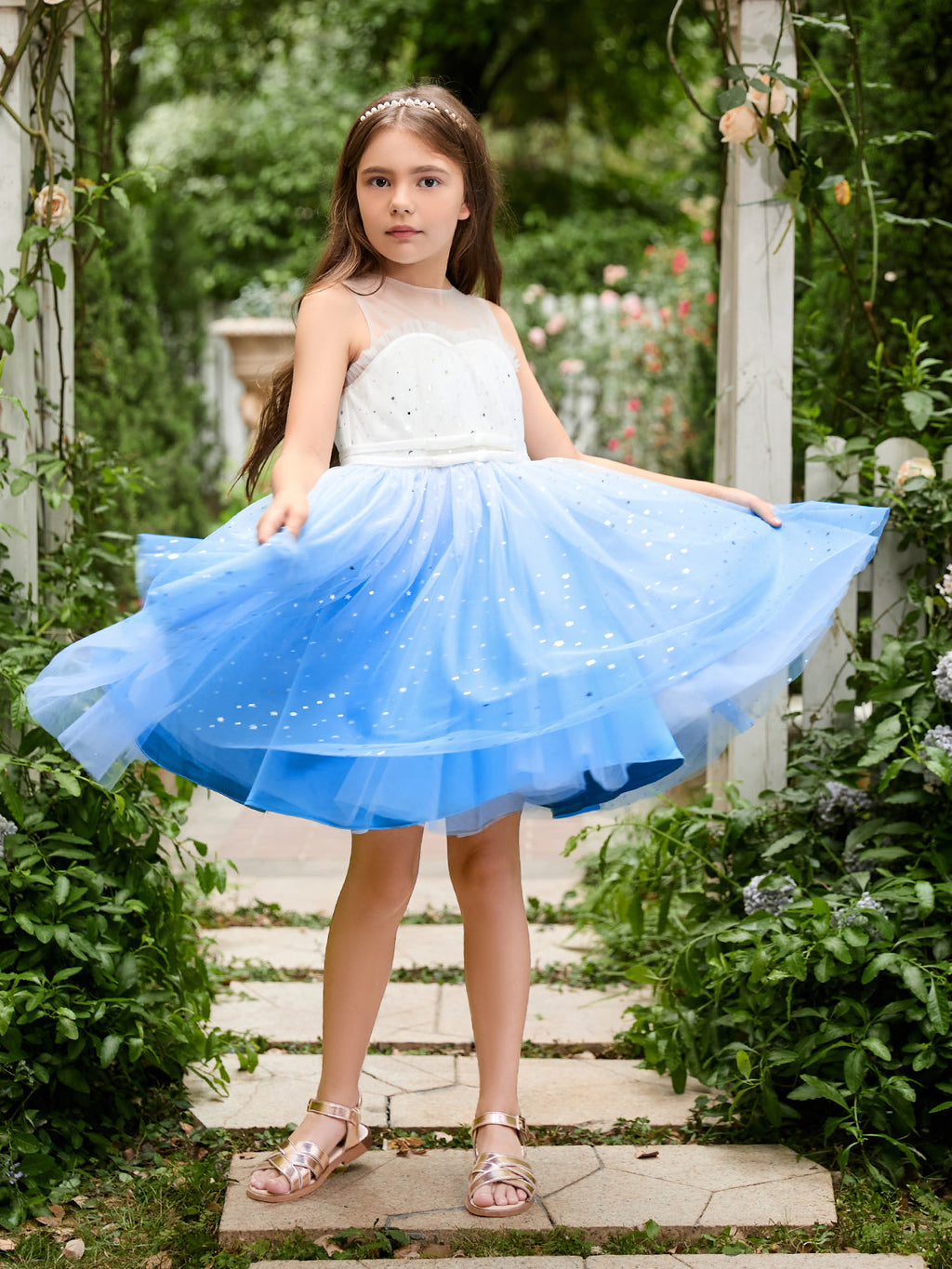 Vestido de fiesta/princesa de tul azul hasta la rodilla para niña de las flores