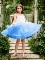 Vestido de fiesta/princesa de tul azul hasta la rodilla para niña de las flores