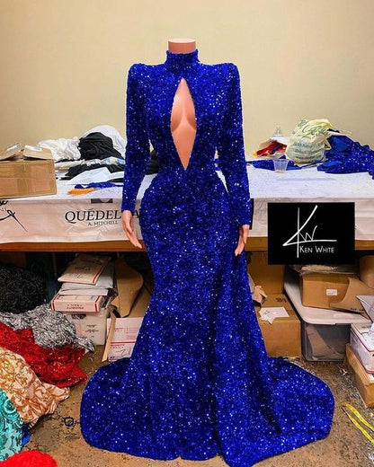 Regal Sapphire Sequined Mermaid Prom Dress with High Neck and Long Sleeves