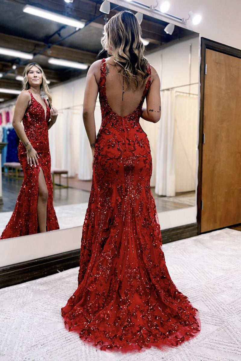 Avianna |Robe de bal sirène en dentelle pailletée à col en V et fente