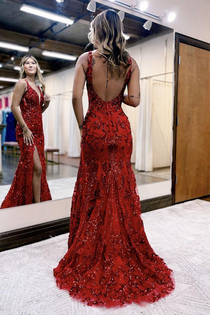 Avianna |Robe de bal sirène en dentelle pailletée à col en V et fente