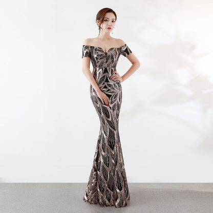 Off the Shoulder Sequined Evening Dress: Long Fish Tail, Slim Fit