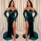 Vestido de noche de sirena con escote en V sin mangas y abertura delantera