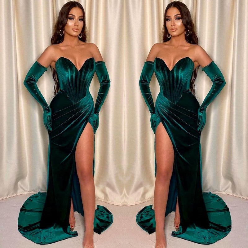 Vestido de noche de sirena con escote en V sin mangas y abertura delantera
