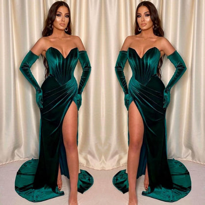 Vestido de noche de sirena con escote en V sin mangas y abertura delantera