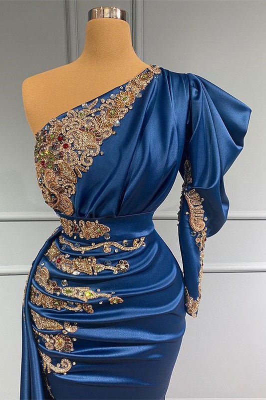 Regal Sapphire – Langes Ballkleid im Meerjungfrauen-Stil mit einer Schulter und Perlen