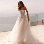 Fashion Strapless 3D Flower Lace Applique Wedding Dresses Sweep Train Custom Bridal Grown Vestido De Noival-payinti