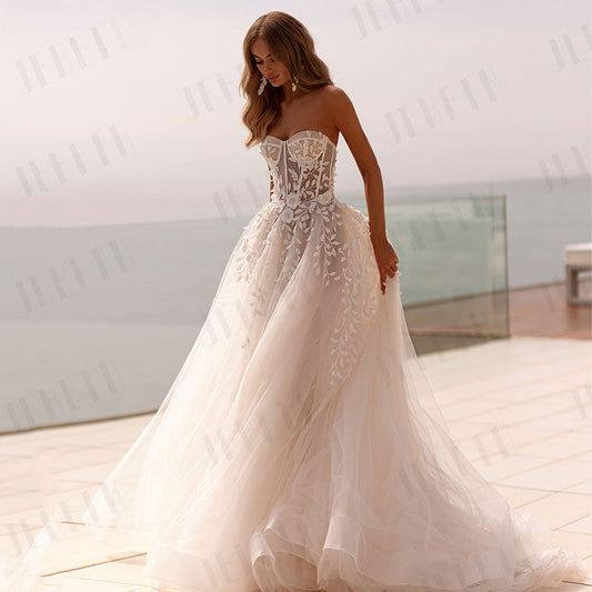 Fashion Strapless 3D Flower Lace Applique Wedding Dresses Sweep Train Custom Bridal Grown Vestido De Noival-payinti