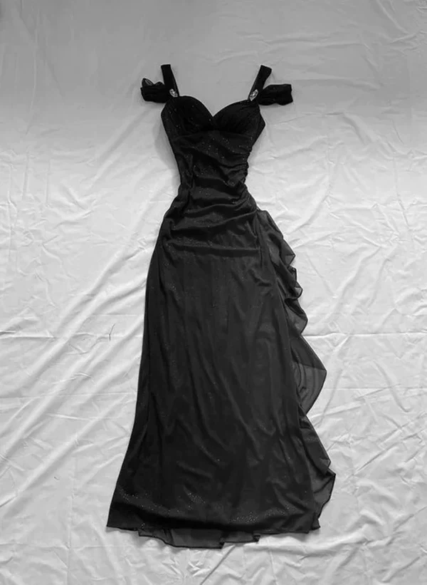 Glänzendes schwarzes Chiffon-Langballkleid Abendkleid Y7487