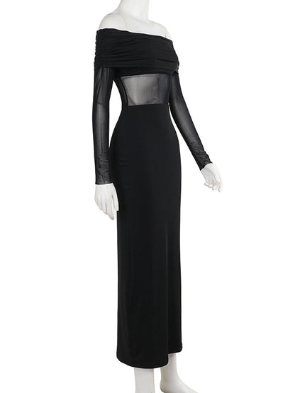 Long Sleeves Skinny Pleated See-Through Solid Color Split-Joint Off-The-Shoulder Evening Dresses Maxi Dresses