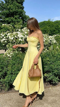 Vestido de noche amarillo sin tirantes, corte A, largo, para fiesta de graduación, con abertura, Y7551