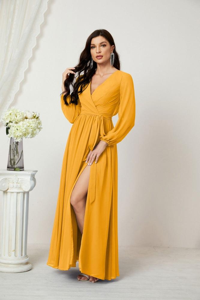 Vestidos de noche Sunnderly con escote en V profundo, gasa, para dama de honor, manga larga de obispo, abertura lateral, vestido formal SY2806 