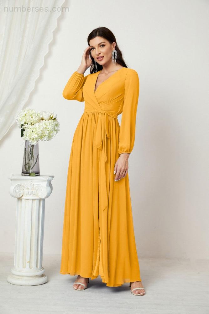 Vestidos de noche Sunnderly con escote en V profundo, gasa, para dama de honor, manga larga de obispo, abertura lateral, vestido formal SY2806 
