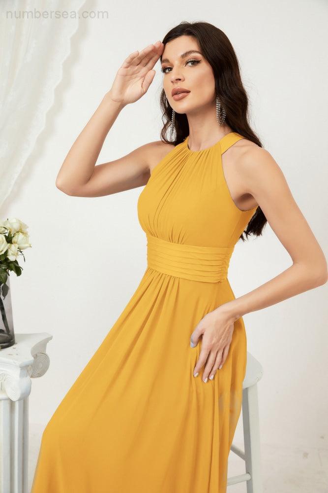Vestido formal de fiesta Sunnderly de gasa con cuello halter, largo y sin mangas, para dama de honor SY2802 