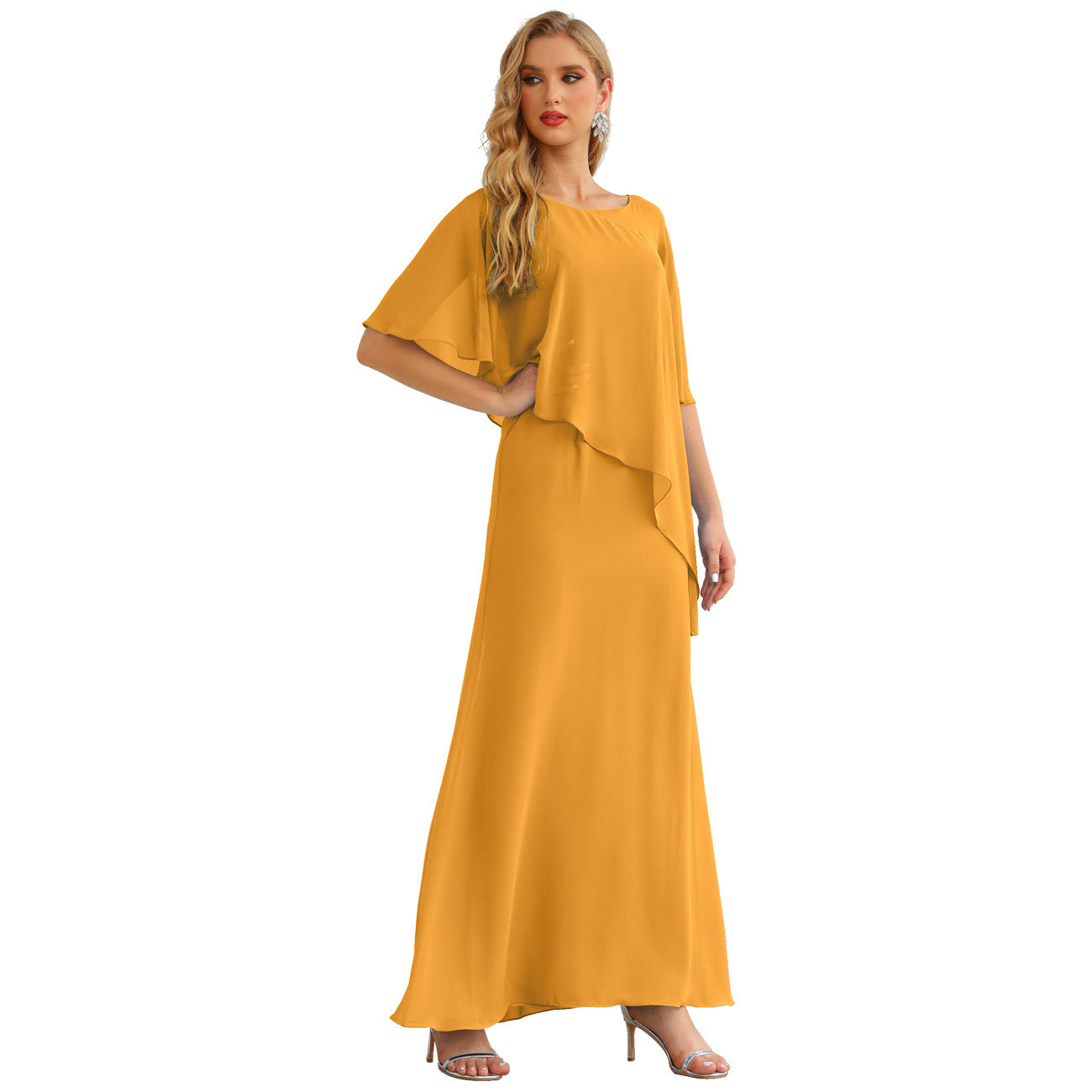 Sunnderly Chiffon Plus Size Mother of The Bride Dresses Formal Prom Gown Ruffle Cape