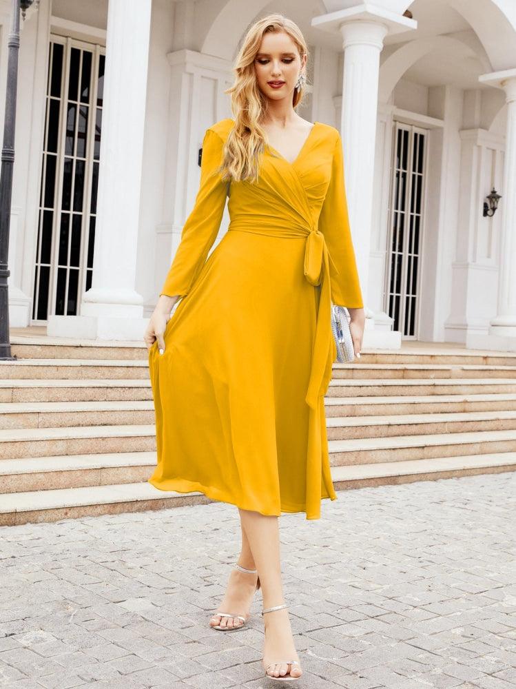 Vestido de dama de honor con escote en V y cinturón para madre de la novia, invitada de boda SY28031 
