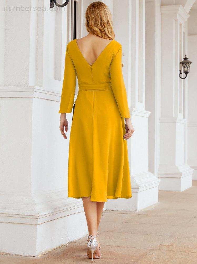 Vestido de dama de honor con escote en V y cinturón para madre de la novia, invitada de boda SY28031 