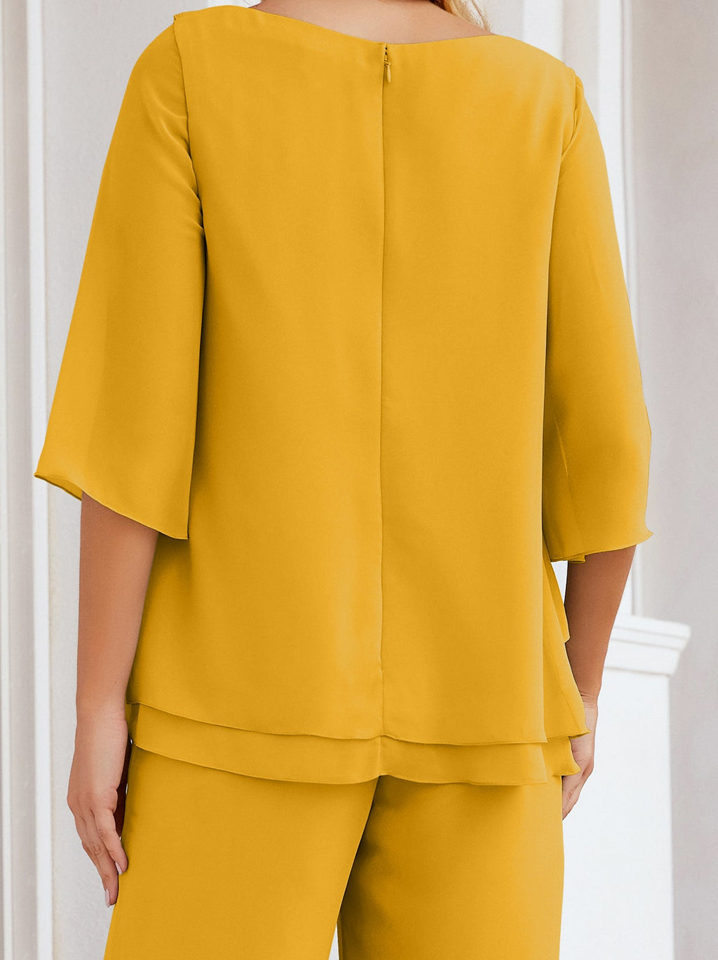 Elegante vestido de dos piezas para madre de la novia, talla grande, pantalón, capas con volantes, bata plateada SY28064 