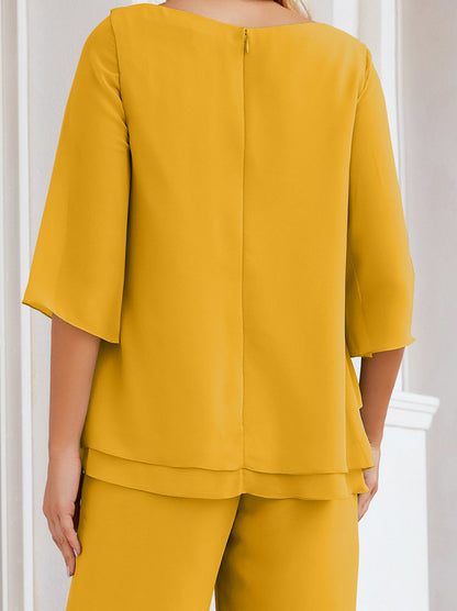 Sunnderly Elegant 2 Piece Mother of The Bride Dress Plus Size Pant Suits Ruffle Layers Sliver Housecoat SY28064