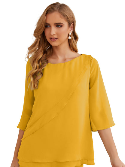 Sunnderly Elegant 2 Piece Mother of The Bride Dress Plus Size Pant Suits Ruffle Layers Sliver Housecoat SY28064